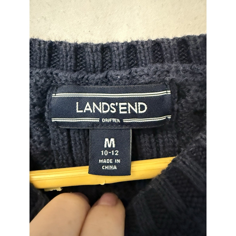 Lands End Womens M 10-12 Navy Blue Drifter Cable Knit Crewneck Sweater Pullover